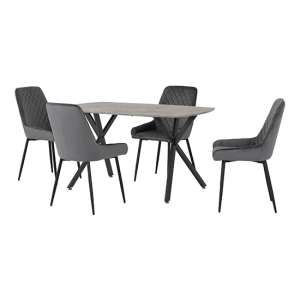 Alsip Dining Table In Concrete Effect With 4 Avah Grey Chairs