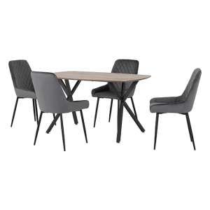 Alsip Dining Table In Medium Oak Effect With 4 Avah Grey Chairs
