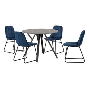 Alsip Round Concrete Effect Dining Table 4 Lyster Blue Chairs