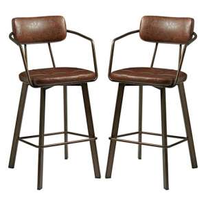 Alstan Vintage Brown Faux Leather Bar Stools In Pair