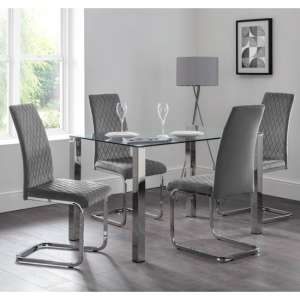 Edith Clear Glass Dining Table With 4 Cadewyn Grey Chairs