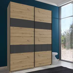 Altona Sliding Door Wide Wooden Wardrobe In Artisan Oak And Grey
