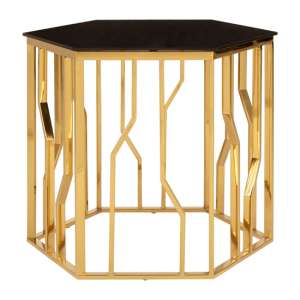 Alvara Hexagonal Black Glass Top Side Table With Gold Frame