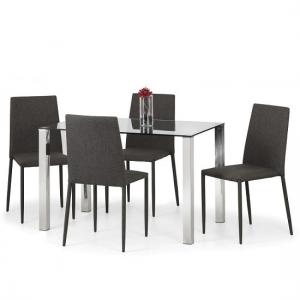 Edith Glass Dining Table In Clear With 4 Jaala Grey Chairs