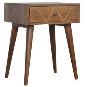 Amish Wooden Brass Inlay Bedside Cabinet In Chestnut 1 Drawer