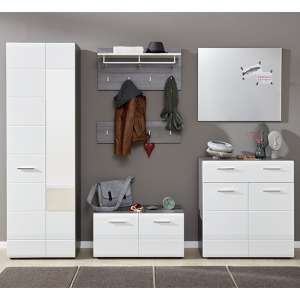 Aquila Hallway Furniture Set In White Gloss And Smoky Silver