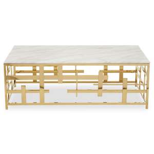 Aralia White Marble Top Coffee Table With Gold Metal Frame