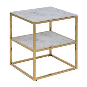 Arcata Clear Glass Bedside Table In White Marble Effect