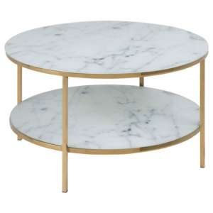Arcata Marble Effect Glass Coffee Table In White With Gold Legs