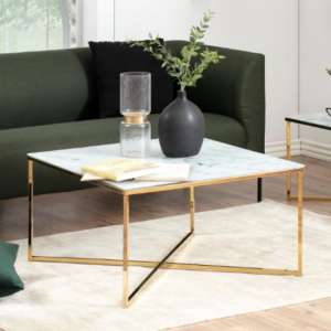 Arcata Square Marble Effect Glass Coffee Table In White