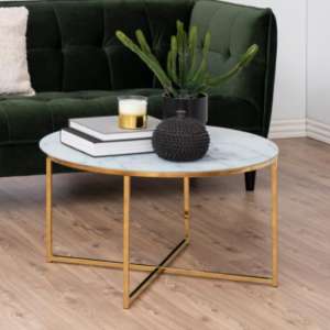 Arcata White Marble Effect Glass Coffee Table With Gold Legs