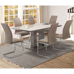 Aarina Latte Gloss Dining Table With 6 Sako Cappuccino Chairs