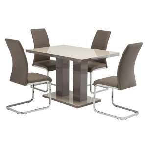 Aarina Latte Gloss Dining Table With 4 Sako Taupe Chairs