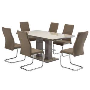 Aarina Latte Gloss Dining Table With 6 Devan Taupe Chairs