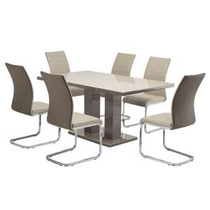 Aarina Latte Gloss Dining Table With 6 Joster Taupe Chairs