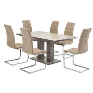 Aarina Latte Gloss Dining Table With 6 Moreno Taupe Chairs