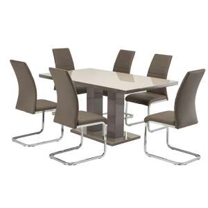 Aarina Latte Gloss Dining Table With 6 Sako Taupe Chairs