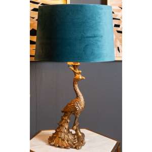 Arminian Peacock Table Lamp In Antique Gold With Teal Shade