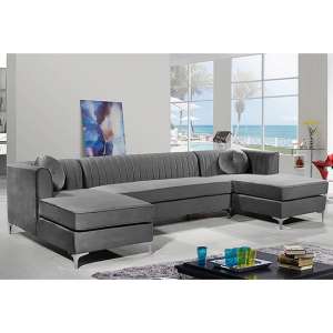 Asbury U-Shape Plush Velvet Corner Sofa In Grey