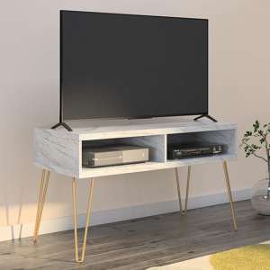 Aynho Wooden TV Stand In White Marble Effect
