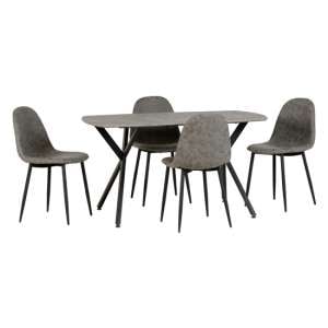 Alsip Rectangular Dining Table In Concrete Effect With 4 Chair
