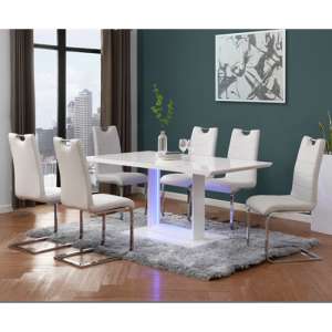 Atlantis LED Large High Gloss Dining Table 6 Petra White Chairs