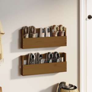 Atmore Pinewood Wall-Mounted Shoe Storage Rack In Honey Brown
