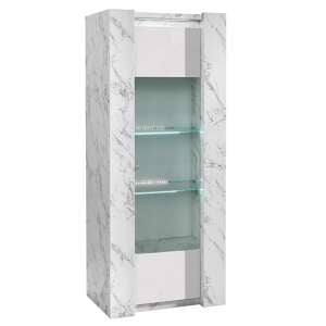 Attoria LED 1 Door Wooden Display Cabinet White Marble Effect