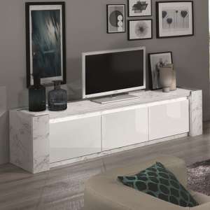 Attoria LED Large Wooden TV Stand In White Marble Effect