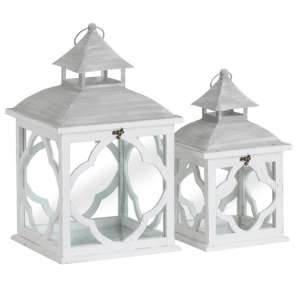 Ava Wooden Set Of Two Lanterns In White With Marrakesh Pattern