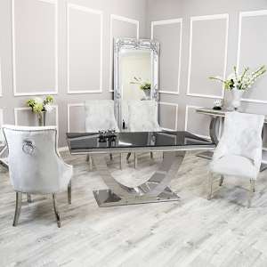 Avon Black Glass Dining Table With 8 Dessel Light Grey Chairs