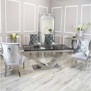 Avon Black Marble Dining Table With 6 Dessel Pewter Chairs