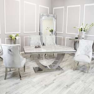 Avon Ivory Smoke Marble Dining Table 4 Dessel Light Grey Chairs
