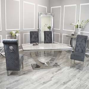 Avon Ivory Smoke Marble Dining Table 6 Elmira Dark Grey Chairs