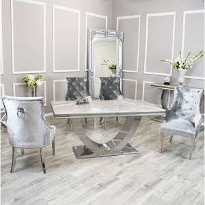 Avon Ivory Smoke Marble Dining Table 8 Dessel Pewter Chairs