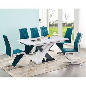 Axara Extending White Grey Dining Table 6 Gia Teal White Chairs