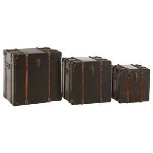 Bagort Wooden Set Of 3 Storage Trunks In Brown Leather Effect