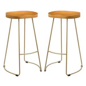 Bolney Gold Effect Leg Bar Stool With Pine Wood Seat In Pair