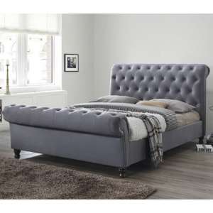 Balmoral Fabric King Size Bed In Grey With Dark Wooden Feet
