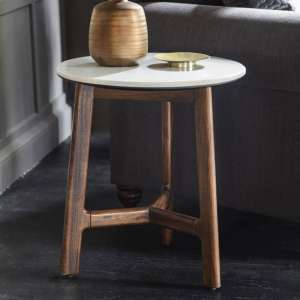 Barcelona Marble Round Side Table In White And Acacia