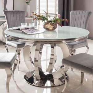 Barney Glass Dining Table Round In White And Polished Metal Base