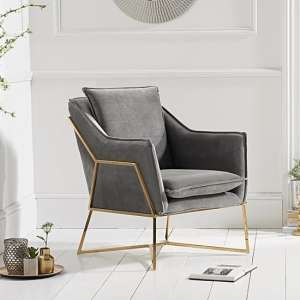 Boran Modern Accent Chair In Grey Velvet With Gold Frame