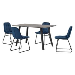 Baudoin Wooden Dining Table With 4 Lyster Sapphire Blue Chairs