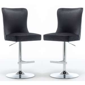 Belkon Black Velvet Upholstered Gas-Lift Bar Chairs In Pair