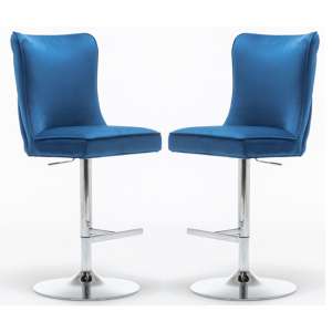 Belkon Blue Velvet Upholstered Gas-Lift Bar Chairs In Pair