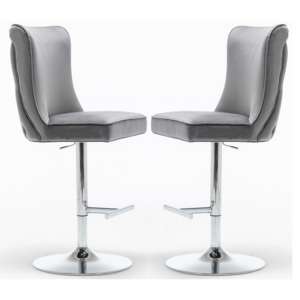 Belkon Dark Grey Velvet Upholstered Gas-Lift Bar Chairs In Pair