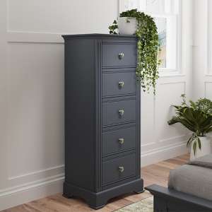 Belton Narrow Wooden Chest Of 5 Drawers In Midnight Grey