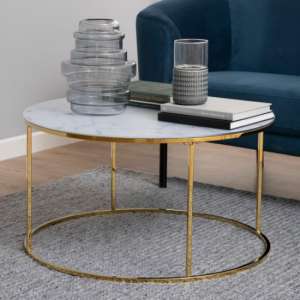 Bemidji White Marble Effect Glass Coffee Table With Gold Legs