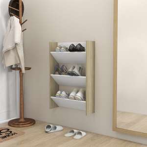 Benicia Wall Wooden Shoe Cabinet With 3 Shelves In White Oak