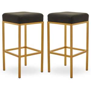 Beon Black Faux Leather Bar Stools With Gold Base In Pair